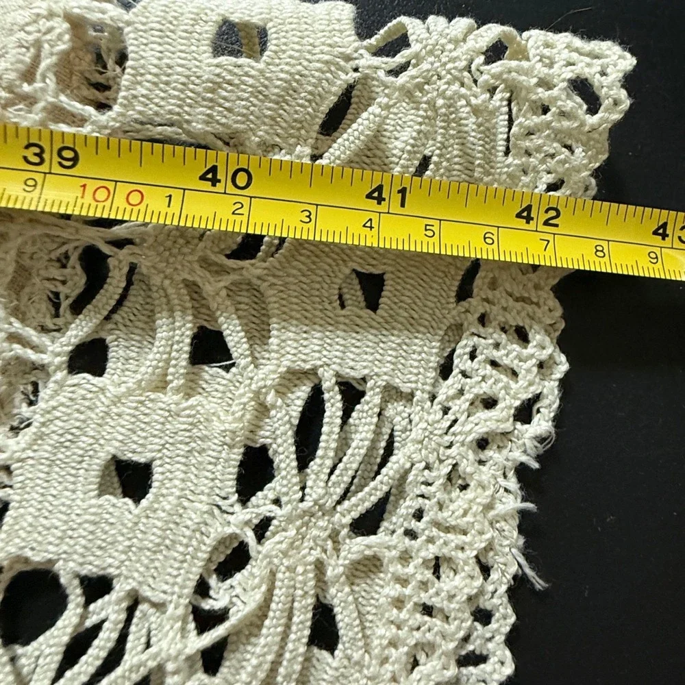 Vintage Oval Linen Tablecloth Crochet Lace Trim Cream Beige 39x42 Inch